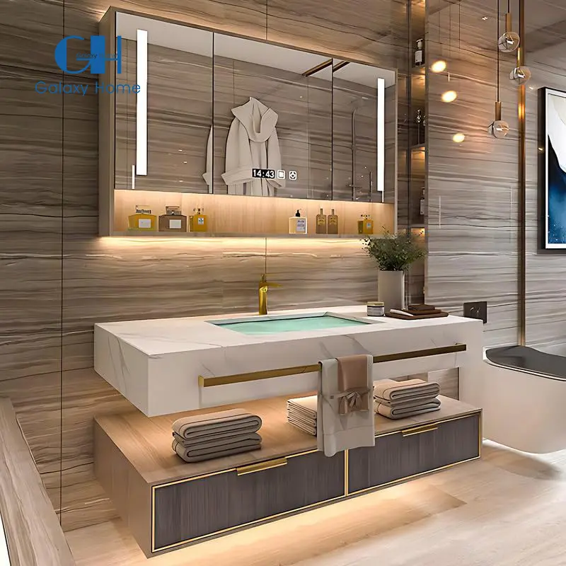 Satılık 2024 lüks avrupa tarzı aynalı dolap Vanity Set yüzer daire içinde banyo aynası kabine