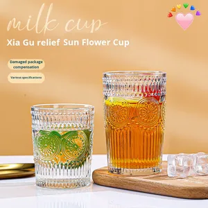 Tazza di vetro goffrato girasole con bordo in oro retrò con isolamento caffè e bevande fredde tazza per uso domestico - Product Image 3