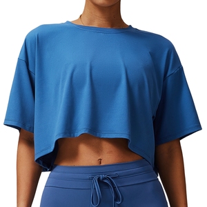 Femmes lâche séchage rapide petit O cou à manches courtes T-Shirt confortable respirant goutte épaule Gym Shorts pour les femmes - Product Image 1