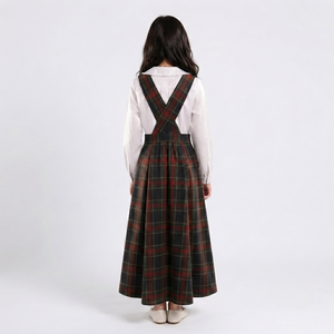 Conjunto de Uniforme Escolar a Cuadros para Niñas, Venta al Por Mayor, Vestido de Dos Piezas con Tirantes y Cuello Peter Pan de Manga Larga Blanco - Product Image 5