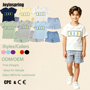 Ensemble deux pièces personnalisé pour petits garçons : haut à manches courtes avec col Peter Pan et short à carreaux, motif lapin de dessin animé - Fournisseur - Product Image 1