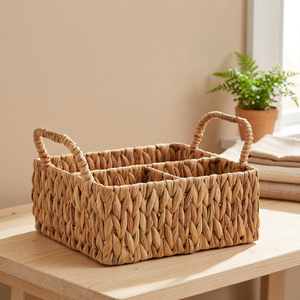 Natural Water Hyacinth <b>Rectangular</b> Storage <b>Basket</b> With Handles Rustic Multi-Purpose Organizer For Neatening Home Decora - Product Image 3