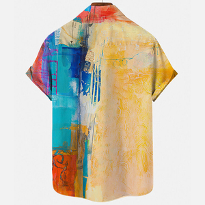 <span class=keywords><strong>Camicia</strong></span> stampata con pittura a olio Color Rayon tessuta da <span class=keywords><strong>uomo</strong></span> estiva con risvolto di consegna veloce con bottoni - Product Image 2