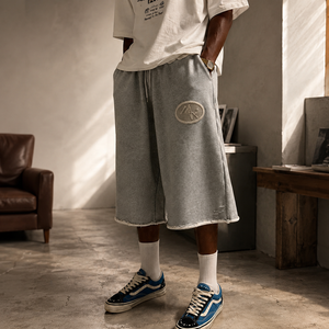 Pantaloncini sportivi da uomo personalizzati con cuciture inversa in vita, 3/4, 100% cotone, casual, pesanti, estivi, larghi, tipo capri, lunghi - Product Image 1