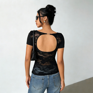 Women's Sexy <b>Back</b> <b>T</b>-Shirt with Solid Color Lace Cut-Out-Summer Eco-Friendly Breathable Stretch Knit Casual Short Sleeve - Product Image 3