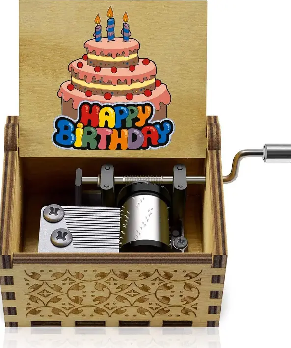 Feliz aniversário vintage mão manivela música caixa