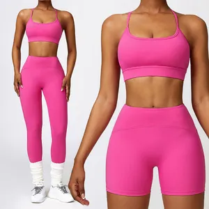 4pcs Recyclable Fabric Comfortable Yoga Set Hot Pink Workout Yoga Set Yoga Short Set For Women