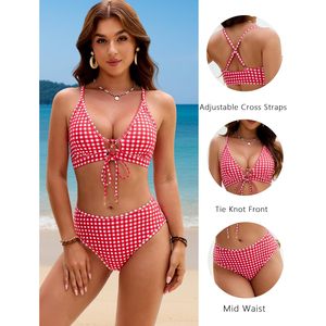 FOXA Women's V Neck <b>Bikini</b> <b>Set</b> Mid Waisted Two Piece Swimwear With Drawstring Supportive Modest Bathing Suit - Product Image 4