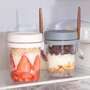 Portable Eco-Friendly Glass Kitchen Storage Jar with Spoon Lid Cover for Overnight Oats Fruit Salad <b>Breakfast</b> Cereal (300ml) - Product Image 1