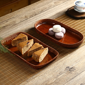 Japanese Style Rattan <b>Tea</b> <b>Tray</b> Handmade Lacquered Black Walnut Fruit Plate Creative Dessert <b>Tray</b> Desktop Storage Box Retro Style - Product Image 2