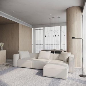 Divano componibile di lusso per soggiorno, set moderno minimalista con ottomana e chaise longue <span class=keywords><strong>a</strong></span> L, effetto lino, per la casa - Product Image 4
