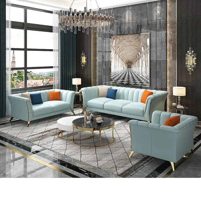 Set Furniture Sofa Mewah, Sofa Kursi Kulit Biru, Sofa Ruang Tamu Baja Tahan Karat