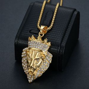 Lion Head Pendant Necklace Titanium Steel Gold <b>Silver</b> Rhinestone <b>Crown</b> Unisex Gift Jewelry - Product Image 4