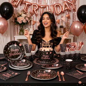 Articles de fête d'anniversaire : Assiettes, gobelets, serviettes, nappes et pailles en papier à pois noir et or rose – Kits de vaisselle jetable pour anniversaire - Product Image 2