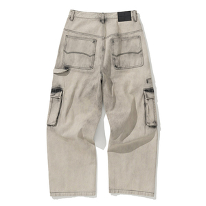 Été Style Hip Hop Hommes <span class=keywords><strong>Beige</strong></span> Vintage Distressed Cargo Denim Pants Mid Waist Straight Weaved Jeans - Product Image 2