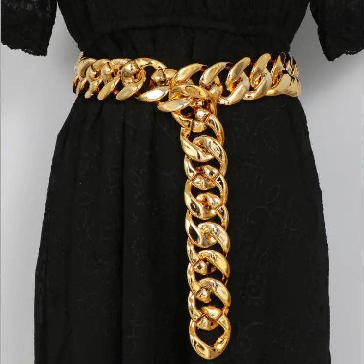 Широкая металлическая Золотая толстая цепь для женщин и девушек с поясом для рубашки