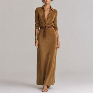 Abito Lungo da Donna Personalizzato in Camoscio Marrone con <span class=keywords><strong>Colletto</strong></span> e Cintura, Elegante per Ufficio, Stile Old Money, Vendita all'Ingrosso OEM - Product Image 1