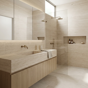Lavabo da Parete in Travertino Naturale Beige Stile Minimalista Tostone per Bagno di Casa o Villa - Product Image 2