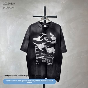 เสื้อยืดคอตตอน <span class=keywords><strong>100</strong></span>% แขนสั้น พิมพ์ลายม้าและลิง ล้างสีแบบวินเทจ ขอบเสื้อขัดสีแบบหนัก ตัดเย็บแบบขาดๆ  นำเข้าจากต่างประเทศ - Product Image 3