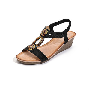 Sandalias de cuña para mujer, estilo étnico bohemio retro, con botón de madera, elásticas y con pedrería, cómodas, novedad 2026 - Product Image 5