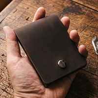 Dompet Pendek Uniseks Kulit Asli Crazy Horse Buatan Tangan Vintage, Dompet Kecil Sederhana Ultra Tipis Portabel dengan Rivet Terbuka