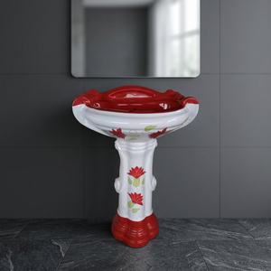 Lavabo sur pied carré en céramique rouge décoratif grande taille pour salle de bain, centre commercial, villa et hôtel - Product Image 4