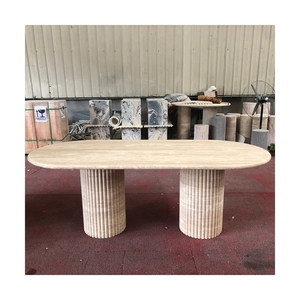 Table à manger en travertin naturel personnalisée UnionStone, meubles en pierre, table à manger ovale cannelée en marbre travertin - Product Image 1