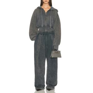 Conjunto casual de moda para mujer con cremallera, sudadera con capucha y hombros caídos de manga larga, y pantalón de pierna ancha elástico de cintura alta. - Product Image 1