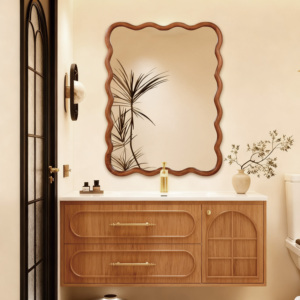 Yellowish Brown <b>30x40</b> Wavy Rectangle Solid Wood <b>Frame</b> Decorative Mirror For Bedroom Bathroom Living Room Entryway - Product Image 1