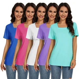 थोक वर्ग गर्दन टी शर्ट महिलाओं के फिट आकस्मिक लघु आस्तीन शीर्ष स्वनिर्धारित ग्राफिक शर्ट ठोस रंग फैशन बहुमुखी टी शर्ट