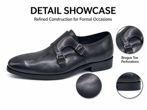 รองเท้าเดรสผู้ชายสีดำแบบ Double Monk Strap หนังขัดเงา หัวเข็มขัด สำหรับใส่ทำงาน ใส่ในโอกาสทางการ ธุรกิจ แบบ Brogue ปลายรองเท้าเจาะรู ขายส่ง - Product Image 2