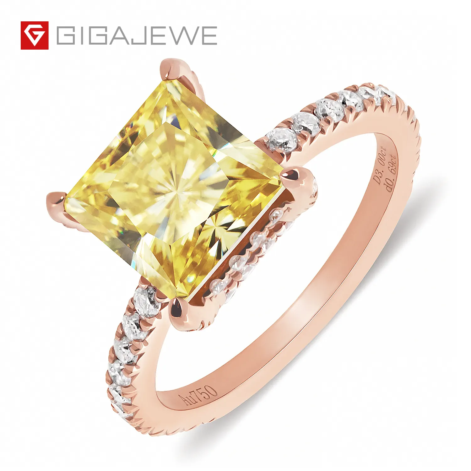 GIGAJEWE Total Vivid Yellow 3ct Princess Cut and Ring Moissanite 9K/14K/18K Rose Gold , Moissanite Ring, Wedding Engagement Ring