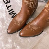 Chaussures pour femmes en cuir véritable brodées Cialisa, bout pointu, talons carrés bas, bottes de cow-boy occidentales mi-mollet pour femmes, hiver