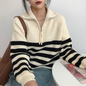 Cardigan en tricot rayé zippé pour femme, taille unique, coupe ample, col montant, style japonais et coréen, printemps automne 2026 - Product Image 2