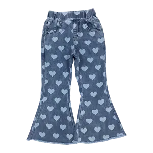 P0333 Love print blue denim bell bottoms soft and comfortable high quality wholesale price kids denim shorts girl jean