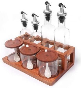 4-mảnh thiết lập rõ ràng dầu thủy tinh và giấm chai với pourer 3-mảnh tre nắp và thìa gỗ giá trang trí gia vị lọ - Product Image 3