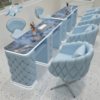 Ensemble de table de manucure de luxe capitonnée à bulles avec aspirateur de poussière double intégré, éclairage LED inférieur, bureau à ongles en marbre et tiroirs de rangement