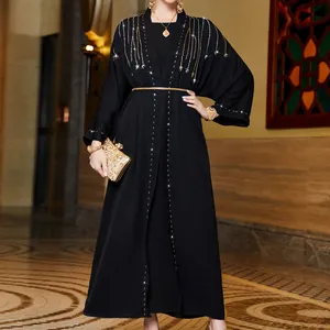 Dubai Abaya siyah renk müslüman geleneksel kaftan el iş açık kaftan fas tasarım kaftan 2024