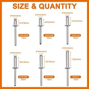 Kit d'assortiment de rivets aveugles en aluminium, 100 pièces, 6 tailles, 3/16 "x (5/16 " 3/8 " 1/2 " 5/8 " 3/4 " 1 ") (argent) - Product Image 2