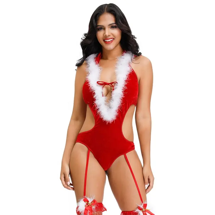 एक टुकड़ा टाई का पट्टा स्याम देश अंडरवियर वर्दी महिलाओं क्रिसमस अधोवस्त्र लाल Hoodies सेक्सी Bodysuit सेट cosplay