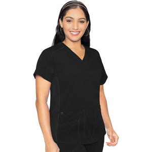 Haut de blouse médicale à col <span class=keywords><strong>en</strong></span> V pour femme Med Couture avec 4 poches, panneau latéral <span class=keywords><strong>en</strong></span> tricot côtelé et ourlet chemise MC7459 - Product Image 1