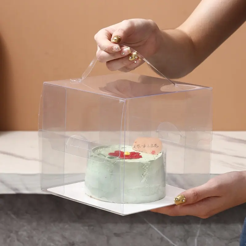 Transparent PET Cake Box 4 /5 Inch Square Plastic mini Cake Packaging Box with handle