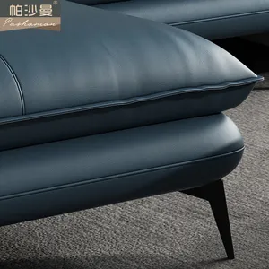 Sofá de canto de couro moderno, sofá de canto simples de couro de luxo italiano sofá de canto azul em forma de l
