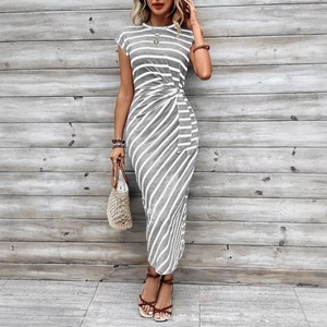Элегантная Высококачественная Женская одежда, летнее платье в пол с полосатым воротником, коротким рукавом и поясом - Product Image 3