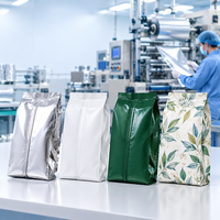Sacs personnalisés haut de gamme en aluminium argenté avec impression offset, soufflets latéraux et fermeture arrière pour emballage alimentaire (café, thé en poudre), recyclables