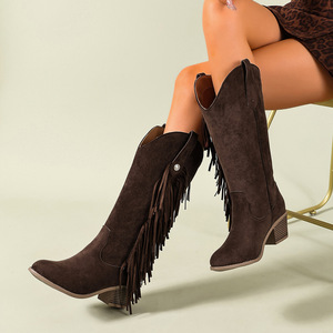 Nuovi <span class=keywords><strong>Stivali</strong></span> da Donna Versatili in Stile Europeo-Americano, Marrone Scuro con Nappe, Stile Western <span class=keywords><strong>Cowboy</strong></span>, Tomaia in Finta Pelle Scamosciata e Rete, con Rialzo Interno - Product Image 1