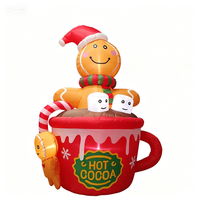 Homme en pain d'épices gonflable de Noël de 1,80 m dans une tasse de chocolat chaud avec guimauves et lumières LED, décoration de jardin extérieure pour les fêtes