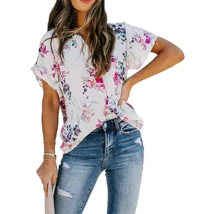 Cheap Factory Price Women Casual Split V Neckline Loose Tunic Short Sleeve Tops Fashion Ladies Shirts Elegant Chiffon Blouses