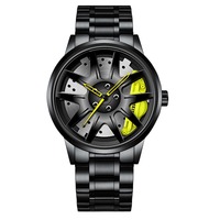 Montre à quartz A0908 pour homme, étanche, avec cadran rotatif 3D en acier, design sportif inspiré de la roue de voiture, 43 mm, simple, style moyeu de roue