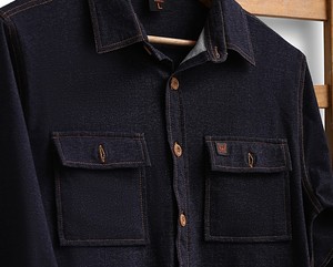 Chemise-veste en jean formelle pour homme avec poches poitrine, coudières renforcées et col montant, coupe droite - Product Image 3
